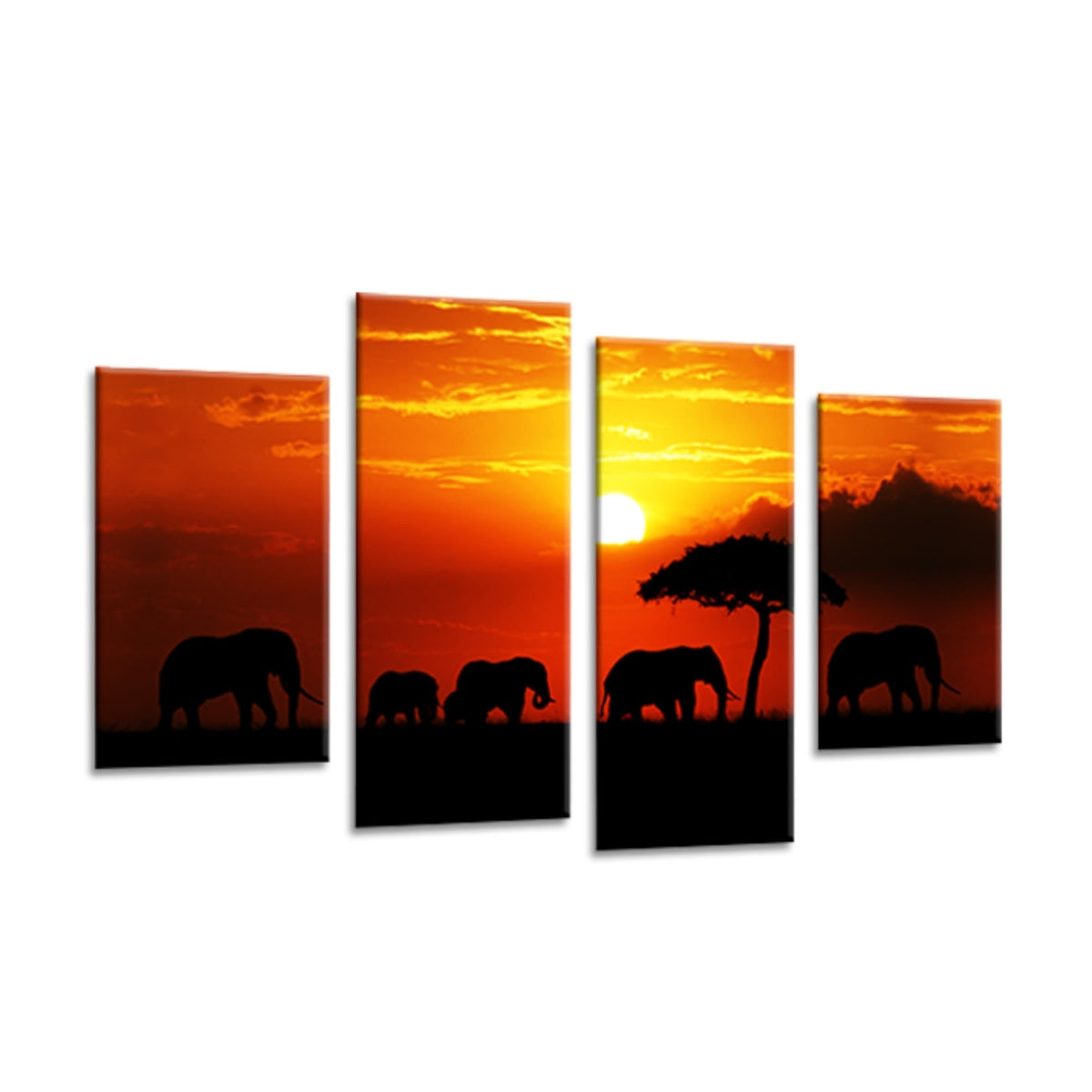 LR Elephant Sunset Wall Art Picture – Grey & Orange African Framed 4 Panel Split Canvas Print | Ready to Hang | Modern Wall Art for Living Room, Bedroom & Office