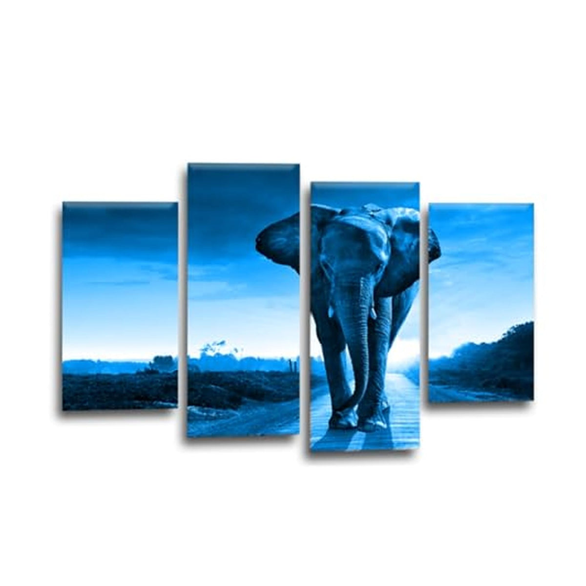 LR Elephant Sunset Wall Art Picture – Grey & Blue African Framed 4 Panel Split Canvas Print | Ready to Hang | Modern Wall Art for Living Room, Bedroom & Office