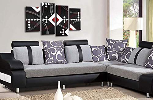 LR Red Abstract Wall Art Picture Black White Stripes Checks Framed Split Panel Print Ready to Hang