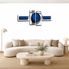 LR Blue Abstract Wall Art Picture – Red & Black Modern Framed 4 Panel Split Canvas Print | Ready to Hang | Modern Wall Art for Living Room, Bedroom & Office