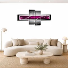 LR Abstract Wall Art Picture – Purple, Black & White Modern Framed 4 Panel Split Canvas Print | Ready to Hang | Modern Wall Art for Living Room, Bedroom & Office