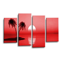 LR Sunset Beach Wall Art Picture – Red Seascape Framed 4 Panel Split Canvas Print | Ready to Hang | Modern Wall Art for Living Room, Bedroom & Office