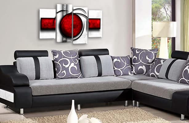 LR Abstract Wall Art Print Red White Stripes Circles Framed Split Canvas Picture Ready to Hang