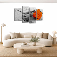 LR Rose Floral Wall Art Picture – Grey & Orange Framed 4 Panel Split Canvas Print | Ready to Hang | Modern Wall Art for Living Room, Bedroom & Office