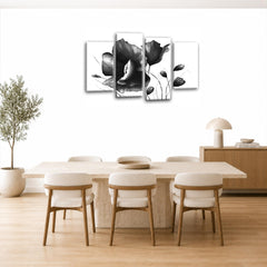 LR Grey Floral Wall Art Picture – Black & White Framed 4 Panel Split Canvas Print | Ready to Hang | Modern Wall Art for Living Room, Bedroom & Office