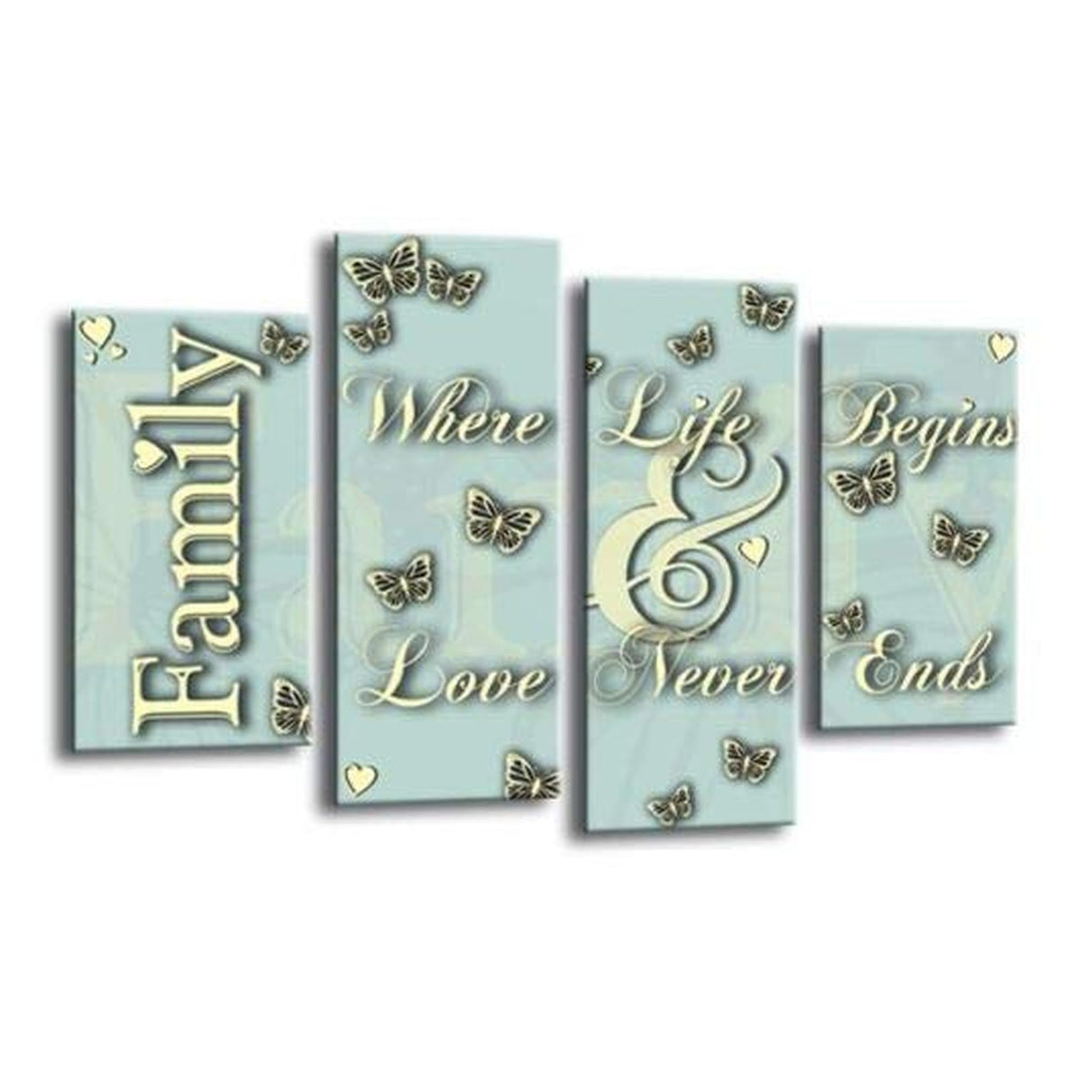 LR Family Wall Art Picture – Cream & Duck Egg Love Quote Framed 4 Panel Split Canvas Print | Ready to Hang | Modern Wall Art for Living Room, Bedroom & Office