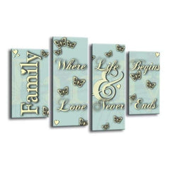 LR Family Wall Art Picture – Cream & Duck Egg Love Quote Framed 4 Panel Split Canvas Print | Ready to Hang | Modern Wall Art for Living Room, Bedroom & Office