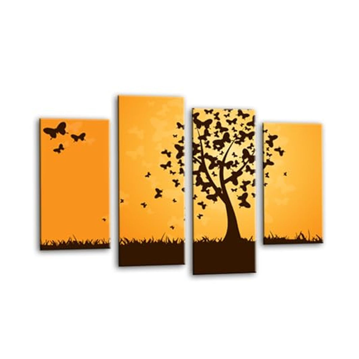 LR Floral Abstract Wall Art Picture – Grey & Orange Butterfly Framed 4 Panel Split Canvas Print | Ready to Hang | Modern Wall Art for Living Room, Bedroom & Office