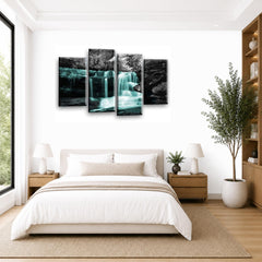 LR Waterfall Teal Wall Art Picture – Grey & Forest Framed 4 Panel Split Canvas Print | Ready to Hang | Modern Wall Art for Living Room, Bedroom & Office
