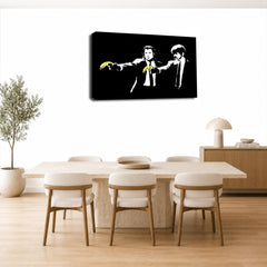 LR Banksy Pulp Fiction Wall Art Picture – Yellow & Black Graffiti Art Framed Canvas Print | Ready to Hang | Modern Wall Art for Living Room, Bedroom & Office