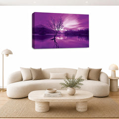 LR Landscape Sunset Wall Art Picture – Purple & Cream Seascape Framed Canvas Print | Ready to Hang | Modern Wall Art for Living Room, Bedroom & Office