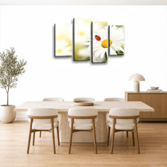 LR Floral Wall Art Picture – Yellow & White Daisy Framed 4 Panel Split Canvas Print | Ready to Hang | Modern Wall Art for Living Room, Bedroom & Office