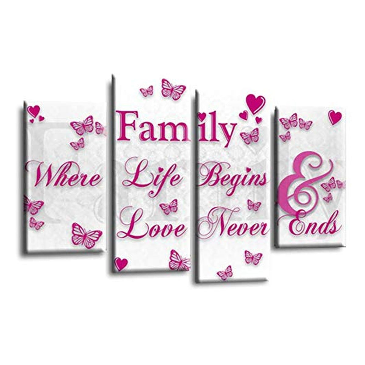 LR Family Love Quote Wall Art Picture – Pink & White Framed 4 Panel Split Canvas Print | Ready to Hang | Modern Wall Art for Living Room, Bedroom & Office