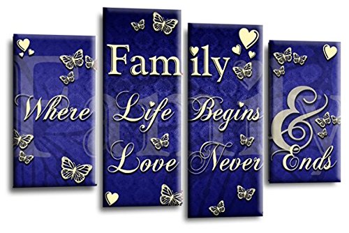 LR Family Love Quote Wall Art Picture – Blue & Cream Framed 4 Panel Split Canvas Print | Ready to Hang | Modern Wall Art for Living Room, Bedroom & Office