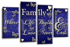 LR Family Love Quote Wall Art Picture – Blue & Cream Framed 4 Panel Split Canvas Print | Ready to Hang | Modern Wall Art for Living Room, Bedroom & Office