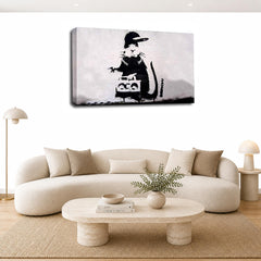 LR Banksy Rat Wall Art Picture – Black & White Graffiti Art Framed Canvas Print | Ready to Hang | Modern Wall Art for Living Room, Bedroom & Office
