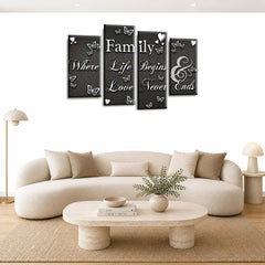 LR Family Love Quote Wall Art Picture – Grey, Black & White Framed 4 Panel Split Canvas Print | Ready to Hang | Modern Wall Art for Living Room, Bedroom & Office
