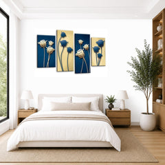 LR Floral Rose Wall Art Picture – Blue & Cream Framed 4 Panel Split Canvas Print | Ready to Hang | Modern Wall Art for Living Room, Bedroom & Office