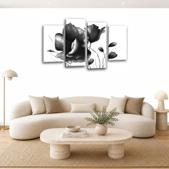 LR Grey Floral Wall Art Picture – Black & White Framed 4 Panel Split Canvas Print | Ready to Hang | Modern Wall Art for Living Room, Bedroom & Office