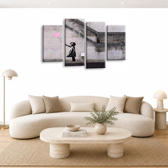 LR Banksy Heart Wall Art Picture – Grey & Pink Graffiti Art Framed 4 Panel Split Canvas Print | Ready to Hang | Modern Wall Art for Living Room, Bedroom & Office