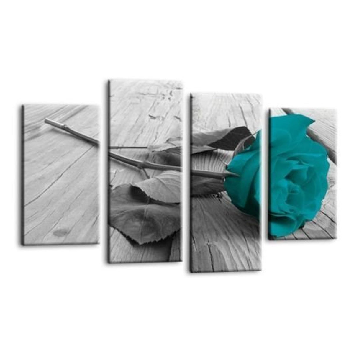 LR Teal Rose Floral Wall Art Picture Framed 4 Panel Split Canvas Print | Ready to Hang | Modern Wall Art for Living Room, Bedroom & Office