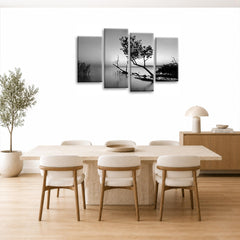 LR Sunset Landscape Lake Wall Art Picture – Grey & Brown Floral Framed 4 Panel Split Canvas Print | Ready to Hang | Modern Wall Art for Living Room, Bedroom & Office