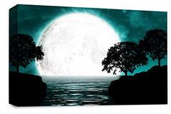 LR Abstract Landscape Wall Art Picture Teal Black White Big Moon Seascape Framed Canvas Print