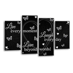 LR Live Laugh Wall Art Picture – Black & White Love Quote Framed 4 Panel Split Canvas Print | Ready to Hang | Modern Wall Art for Living Room, Bedroom & Office