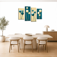 LR Floral Rose Wall Art Picture – Teal & Cream Framed 4 Panel Split Canvas Print | Ready to Hang | Modern Wall Art for Living Room, Bedroom & Office
