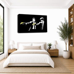 LR Banksy Pulp Fiction Wall Art Picture – Yellow & Black Graffiti Art Framed Canvas Print | Ready to Hang | Modern Wall Art for Living Room, Bedroom & Office