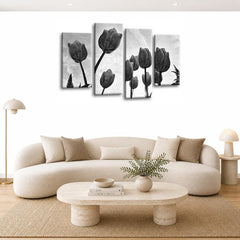 LR Floral Rose Tulip Wall Art Picture – Grey & White Framed 4 Panel Split Canvas Print | Ready to Hang | Modern Wall Art for Living Room, Bedroom & Office