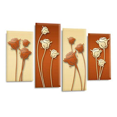 LR Floral Rose Wall Art Picture – Cream & Brown Framed 4 Panel Split Canvas Print | Ready to Hang | Modern Wall Art for Living Room, Bedroom & Office
