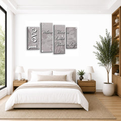 LR Love Wall Art Picture – Grey, Silver & Powder Grey Family Quote Framed 4 Panel Split Canvas Print | Ready to Hang | Modern Wall Art for Living Room, Bedroom & Office