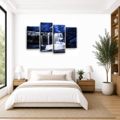 LR Blue Waterfall Wall Art Picture – Black & White Forest Framed 4 Panel Split Canvas Print | Ready to Hang | Modern Wall Art for Living Room, Bedroom & Office
