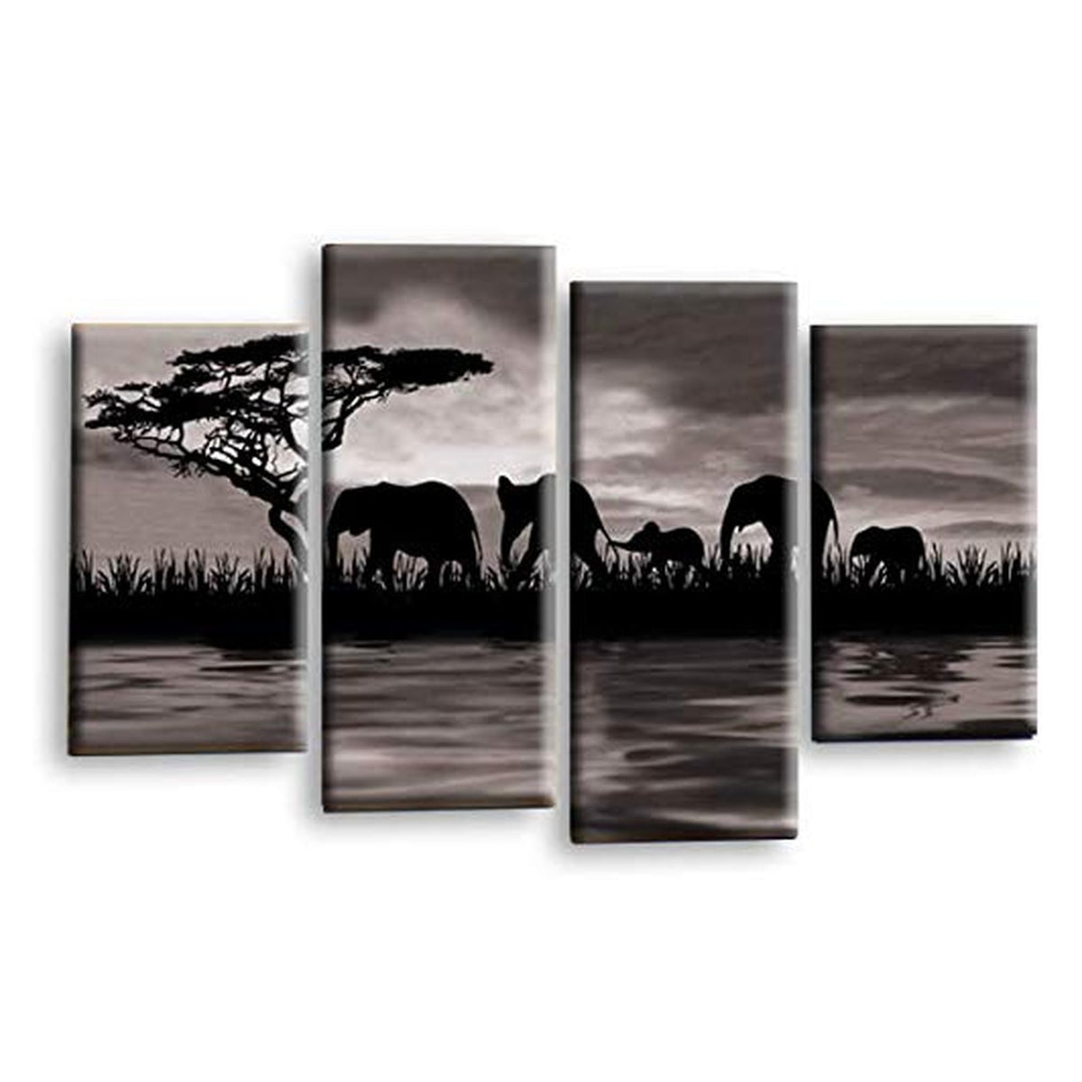 LR Elephant Sunset Wall Art Picture – Grey, Black & White African Framed 4 Panel Split Canvas Print | Ready to Hang | Modern Wall Art for Living Room, Bedroom & Office