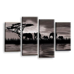 LR Elephant Sunset Wall Art Picture – Grey, Black & White African Framed 4 Panel Split Canvas Print | Ready to Hang | Modern Wall Art for Living Room, Bedroom & Office