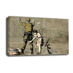 LR Banksy Girl Soldier Wall Art Picture – Grey & White Graffiti Art Framed Canvas Print | Ready to Hang | Modern Wall Art for Living Room, Bedroom & Office