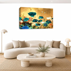 LR Floral Rose Poppy Wall Art Picture – Teal & Cream Framed Canvas Print | Ready to Hang | Modern Wall Art for Living Room, Bedroom & Office