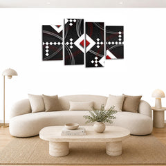 LR Red Abstract Wall Art Picture – Black & White Modern Framed 4 Panel Split Canvas Print | Ready to Hang | Modern Wall Art for Living Room, Bedroom & Office