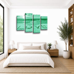LR Love Beach Wall Art Picture – Grey & Green Sunset Seascape Framed 4 Panel Split Canvas Print | Ready to Hang | Modern Wall Art for Living Room, Bedroom & Office