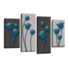 LR Teal Floral Rose Wall Art Picture – Grey Framed 4 Panel Split Canvas Print | Ready to Hang | Modern Wall Art for Living Room, Bedroom & Office