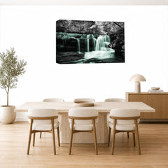 LR Duck Egg Waterfall Wall Art Picture – Grey, White & Forest Framed Canvas Print | Ready to Hang | Modern Wall Art for Living Room, Bedroom & Office