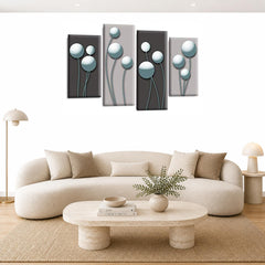LR Duck Egg Floral Rose Wall Art Picture – Grey Framed 4 Panel Split Canvas Print | Ready to Hang | Modern Wall Art for Living Room, Bedroom & Office