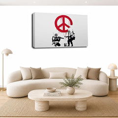 LR Banksy Soldier Wall Art Picture – Grey & White Graffiti Art Framed Canvas Print | Ready to Hang | Modern Wall Art for Living Room, Bedroom & Office