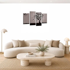 LR Floral Abstract Wall Art Picture – Grey & Black Butterfly Framed 4 Panel Split Canvas Print | Ready to Hang | Modern Wall Art for Living Room, Bedroom & Office