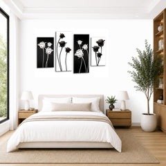 LR Floral Rose Wall Art Picture – Grey, Black & White Framed 4 Panel Split Canvas Print | Ready to Hang | Modern Wall Art for Living Room, Bedroom & Office