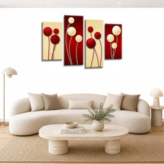 LR Floral Rose Wall Art Picture – Red & Cream Framed 4 Panel Split Canvas Print | Ready to Hang | Modern Wall Art for Living Room, Bedroom & Office