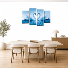 LR Love Swans Wall Art Picture – Blue & White Heart Framed 4 Panel Split Canvas Print | Ready to Hang | Modern Wall Art for Living Room, Bedroom & Office