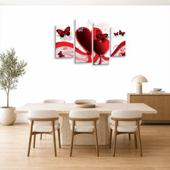 LR Butterfly Heart Wall Art Picture – Red & White Floral Abstract Framed 4 Panel Split Canvas Print | Ready to Hang | Modern Wall Art for Living Room, Bedroom & Office