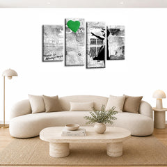LR Banksy Heart Wall Art Picture – Grey & Green Graffiti Art Framed 4 Panel Split Canvas Print | Ready to Hang | Modern Wall Art for Living Room, Bedroom & Office